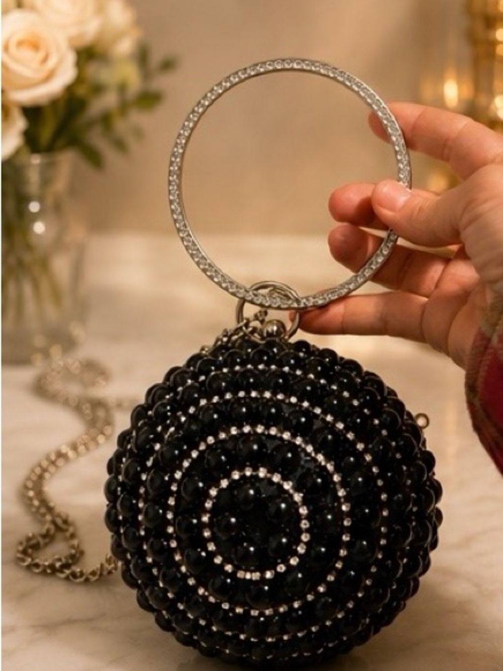 Badgley Mischka Black Beaded Circular Wristlet with Silver Crystal Ring